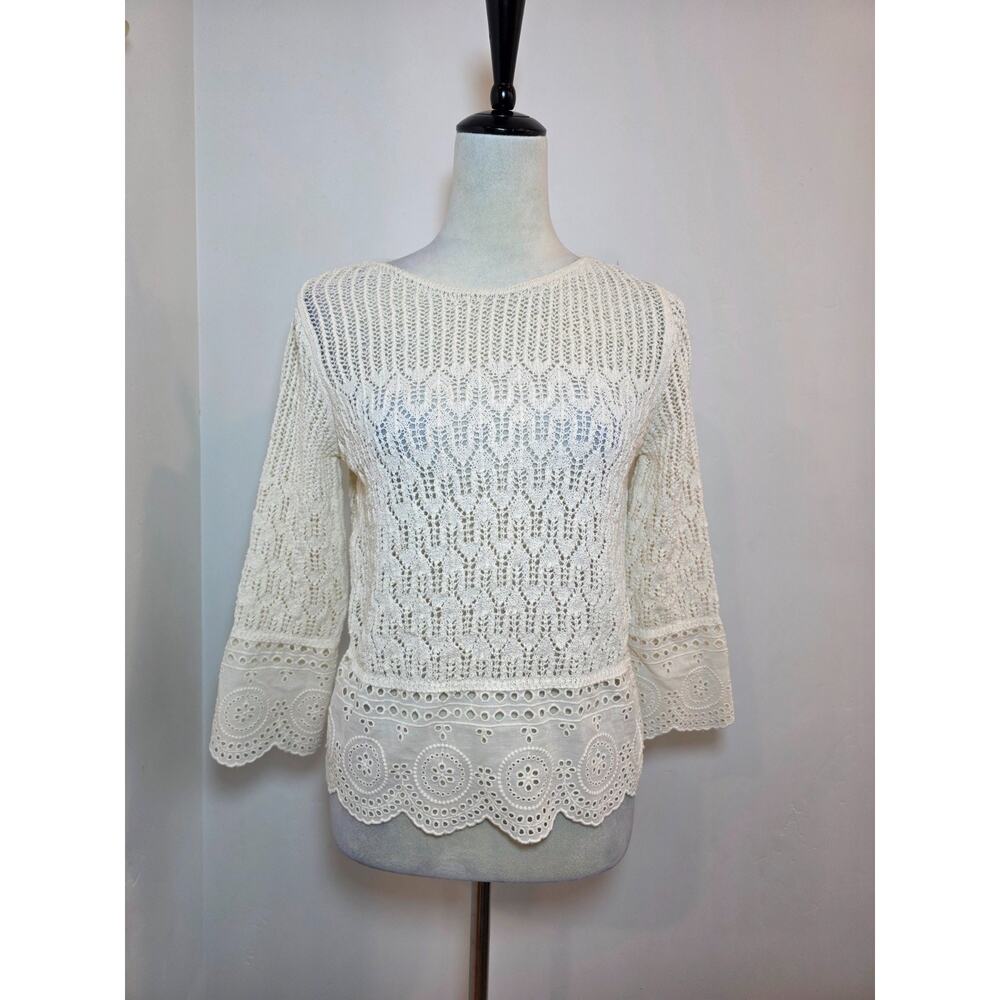 Womens Crochet Eyelet Top Small Ivory Bell Sleeve Boho Cottage Summer New